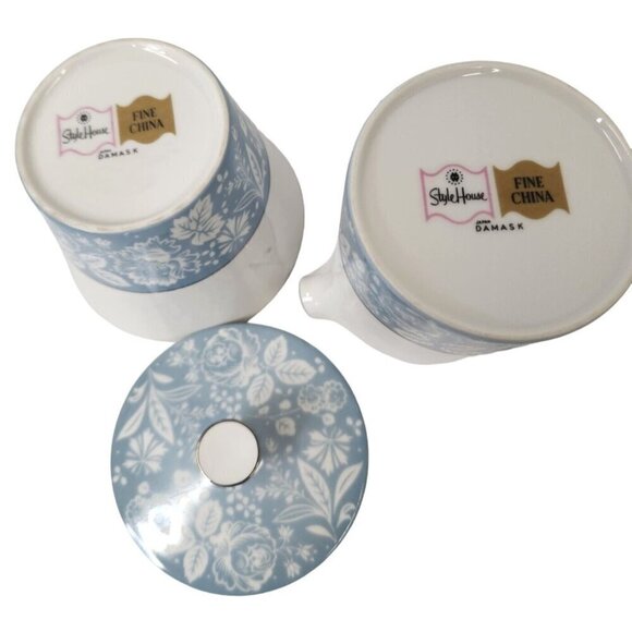 Style House Fine China Creamer and Sugar Bowl with Lid Blue Floral Pattern Damas - Picture 6 of 9